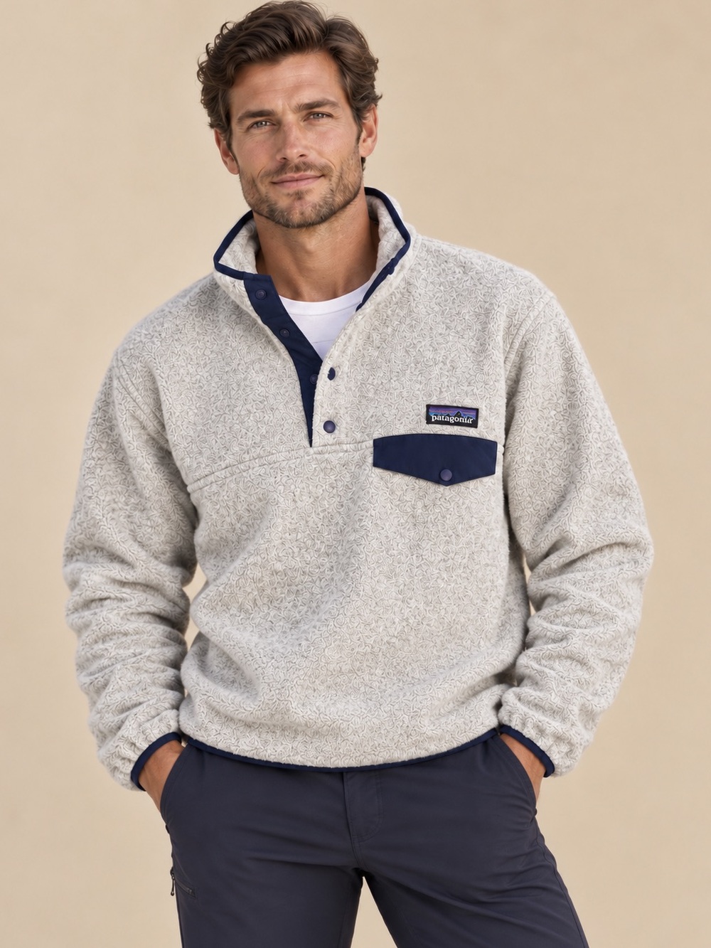 Patagonia Men’s Gray Cream Heather Quarter Snap Navy Trim Fleece Sweatshirt